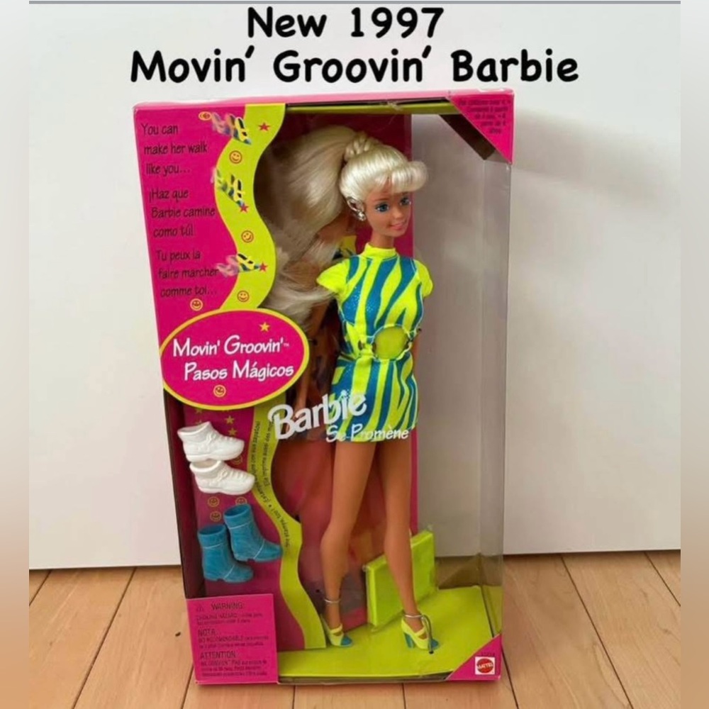 Vintage 1997 Movin Groovin Barbie in Striped Yellow and Blue Outfit